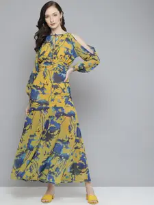 SASSAFRAS Mustard Yellow & Blue Floral Georgette Maxi Dress