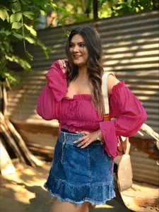 SASSAFRAS Fuchsia Off-Shoulder Georgette Blouson Crop Top