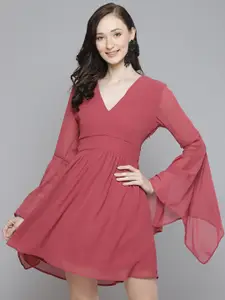 SASSAFRAS Women Dusty Pink Solid Bell Sleeves A-Line Dress
