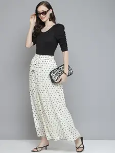 SASSAFRAS Women White & Black Polka Dots Printed Maxi A-Line Skirt