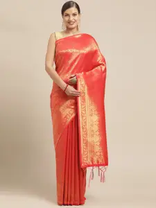 Mitera Pink & Gold-Toned Woven Design Pure Silk Saree