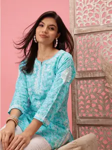 ADA Blue & White Ethnic Motifs Embroidered Chikankari Handloom Kurti