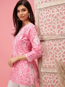 ADA Pink & White Ethnic Motifs Embroidered Chikankari Handloom Kurti