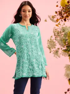 ADA Sea Green & White Ethnic Motifs Embroidered Chikankari Handloom Kurti