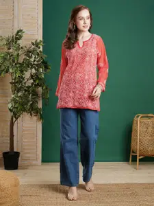 ADA Red & White Ethnic Motifs Embroidered Chikankari Handloom Kurti