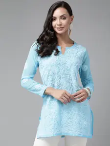 ADA Blue & White Ethnic Motifs Embroidered Chikankari Handloom Kurti