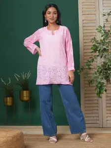 ADA Pink & White Ethnic Motifs Embroidered Chikankari Kurti