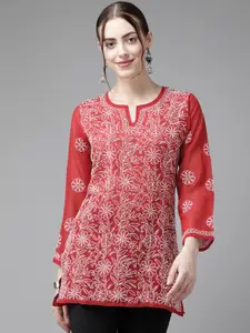 ADA Red & White Ethnic Motifs Embroidered Chikankari Handloom Kurti