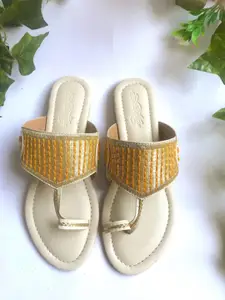 Sole House Women Off White & Yellow Velvet Cut Embroidered One Toe Flats