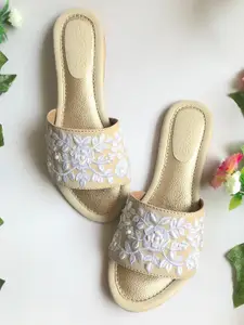 Sole House Women Beige & White Embroidered Open Toe Flats