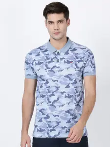 t-base Men Blue & White Camouflage Printed Polo Collar Cotton T-shirt