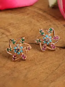 ZINU Rose Gold-Plated & Green CZ Studded Contemporary Studs Earrings