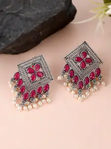Fabstreet Silver-Plated & Red Square Stud Earrings