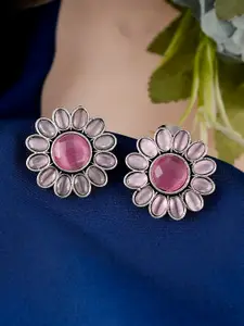 Fabstreet Pink & Silver-Toned Floral Studs