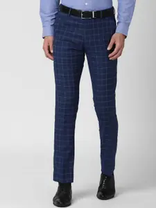 Peter England Elite Men Navy Blue Checked Slim Fit Trousers