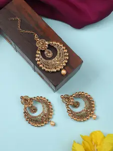 ANIKAS CREATION Gold-Plated Pink Stone Studded Chandbali Style Maang Tikka & Earring Set