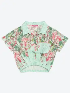 Biba Girls Mint Green & Pink Floral Print Shirt Style Top
