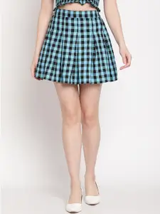 TAG 7 Women Blue And Black Checked Printed Pleated Knee-Length Skirt