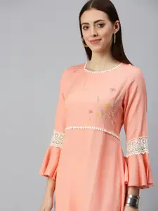 SHOWOFF Women Peach-Coloured & White Floral Embroidered Bell Sleeves Kurta