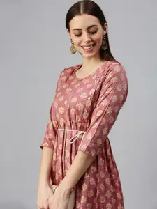 SHOWOFF Women Rust Floral Cotton Blend Round Neck A-Line Kurta
