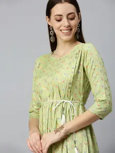 SHOWOFF Women Lime Green Ikat Printed Three-Quarter Sleeves Round Neck Kurta