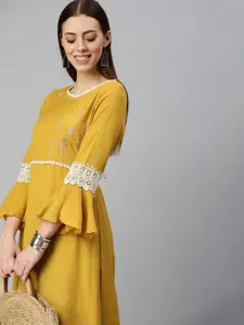 SHOWOFF Women Mustard Yellow Floral Embroidered Bell Sleeves Kurta