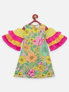 LilPicks Yellow & Pink Floral Layered Cotton A-Line Dress