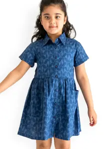 Campana Girls Short Sleeves Knee Length Fit and Flare Printed Cotton Dress