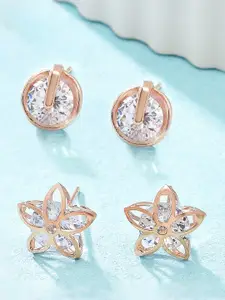 Zaveri Pearls Set Of 2 Rose Gold Plated & White Contemporary Studs Earrings