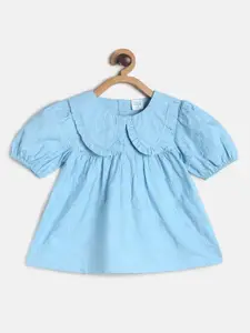 MINI KLUB Girls Blue Floral Embroidered Pure Cotton Top