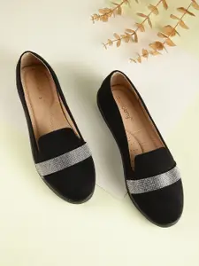 DressBerry Women Black & Silver-Toned Suede Finish Ballerinas with Embellished Detail