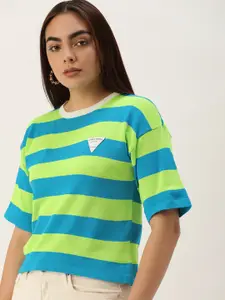 SHECZZAR Women Green & Blue Striped Drop-Shoulder Sleeves T-shirt