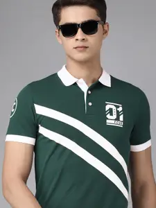 French Connection Men Green & White Striped Polo Collar Pure Cotton Slim Fit T-shirt