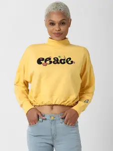 FOREVER 21 Women Yellow Printed Pure Cotton Cropped Sweatshirt