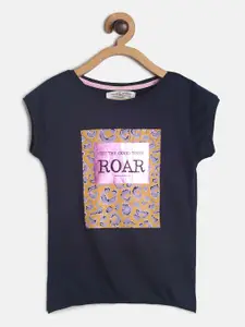 TALES & STORIES Girls Navy Blue Graphic Printed Slim Fit T-shirt