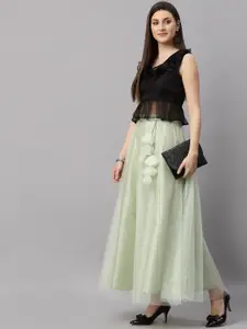 NEUDIS Women Green Solid Net Flared Maxi Lehenga Skirt
