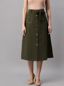 NEUDIS Women Olive Green Cotton Twill Midi A-Line Skirt
