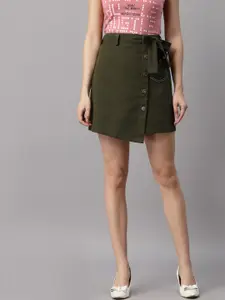 NEUDIS Women Olive Green Solid Straight Cotton Twill Mini Skirt With Belt