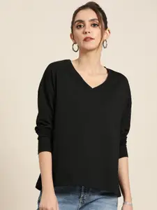 Moda Rapido Women Black V-Neck Pure Cotton T-shirt