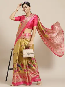SIRIL Yellow & Pink Floral Zari Silk Cotton Khadi Saree