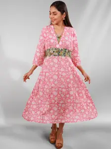 Orbbaan Pink & White Floral Cotton Midi Dress