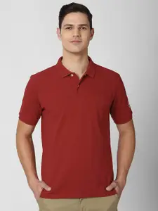 Peter England Men Red Self Design Polo Collar T-shirt