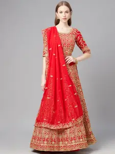 Readiprint Fashions Red & Gold-Toned Embroidered Unstitched Lehenga & Blouse With Dupatta