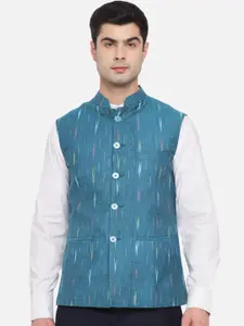 Vastraa Fusion Men Teal Green Ikat Printed Pure Cotton Nehru Jacket