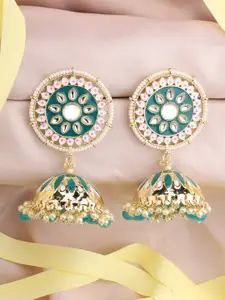ANIKAS CREATION Green & Gold-Plated Contemporary Meenakari Jhumkas Earrings