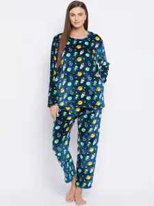 Camey Women Teal Blue & Yellow Printed Night suit