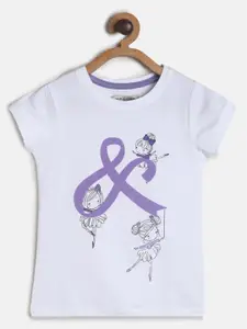 TALES & STORIES Girls White & Purple Typography Printed Slim Fit T-shirt