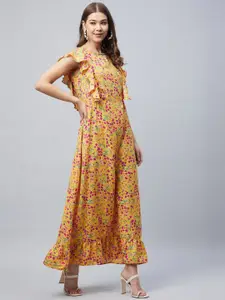 StyleStone Women Mustard Yellow & Pink Floral Crepe Maxi Dress
