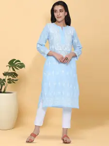 PARAMOUNT CHIKAN Women Blue Ethnic Motifs Printed Chikankari Kurta