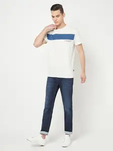 Crimsoune Club Men White & Blue Colourblocked Slim Fit T-shirt